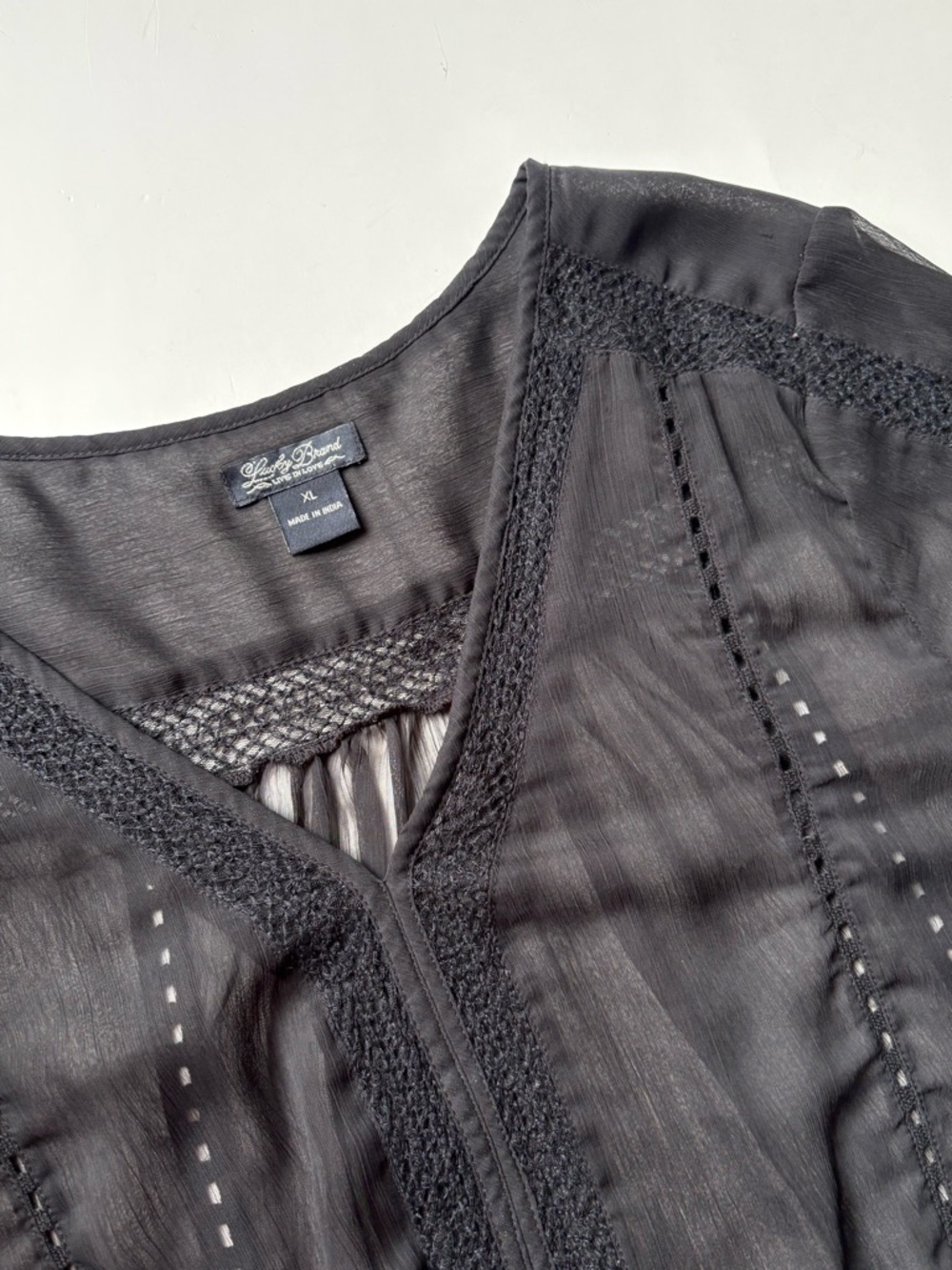 Lucky Brand Black Semi-Sheer Blouse Embroidered detail India XL